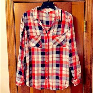 Red, White, & Blue Womens Button Down Plaid Blouse
